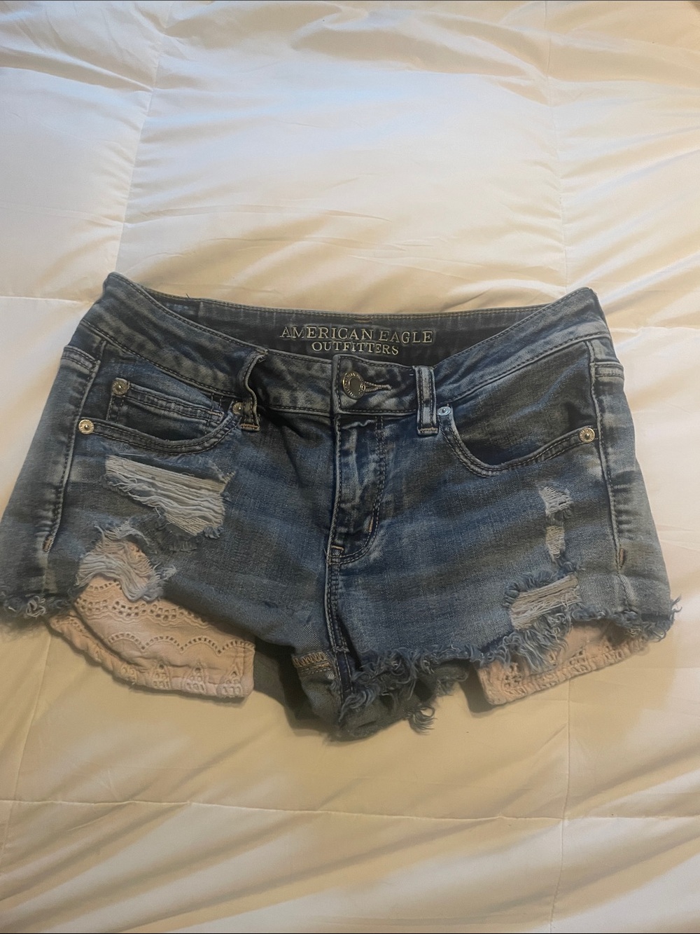 American Eagle Outfitters Blue Denim Cutoff Shorts with Pink Lace Trim